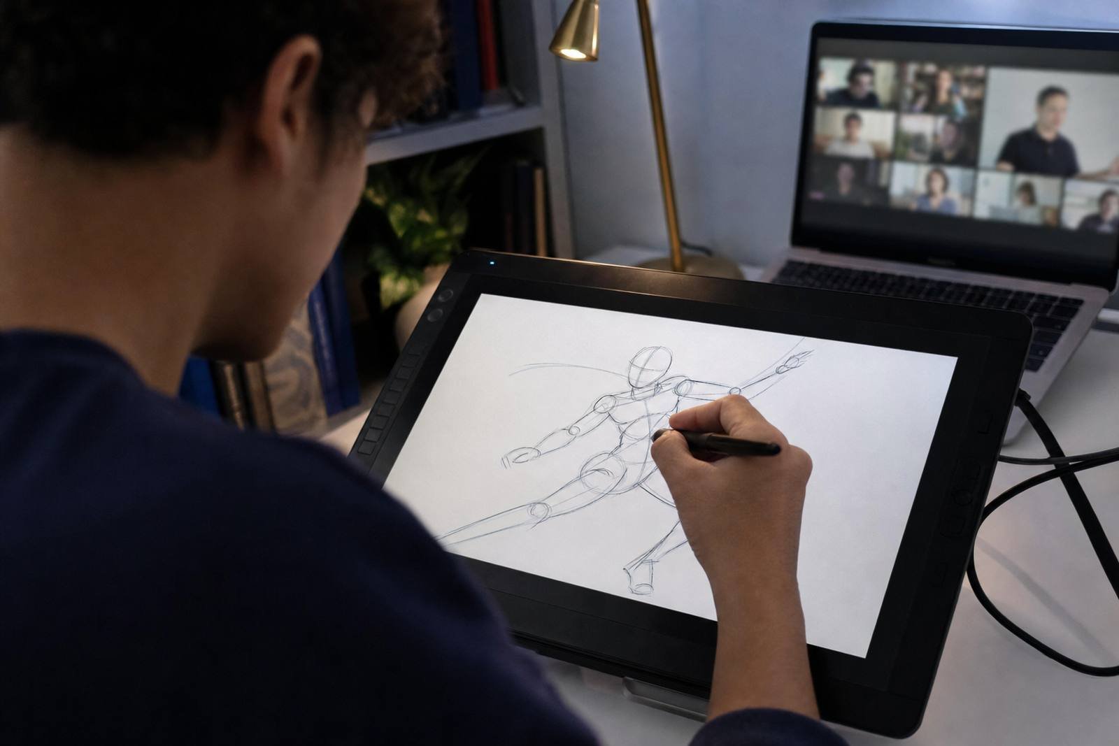 Mano dibujando con lápiz digital un estudio de figura humana en pose dinámica sobre una tableta