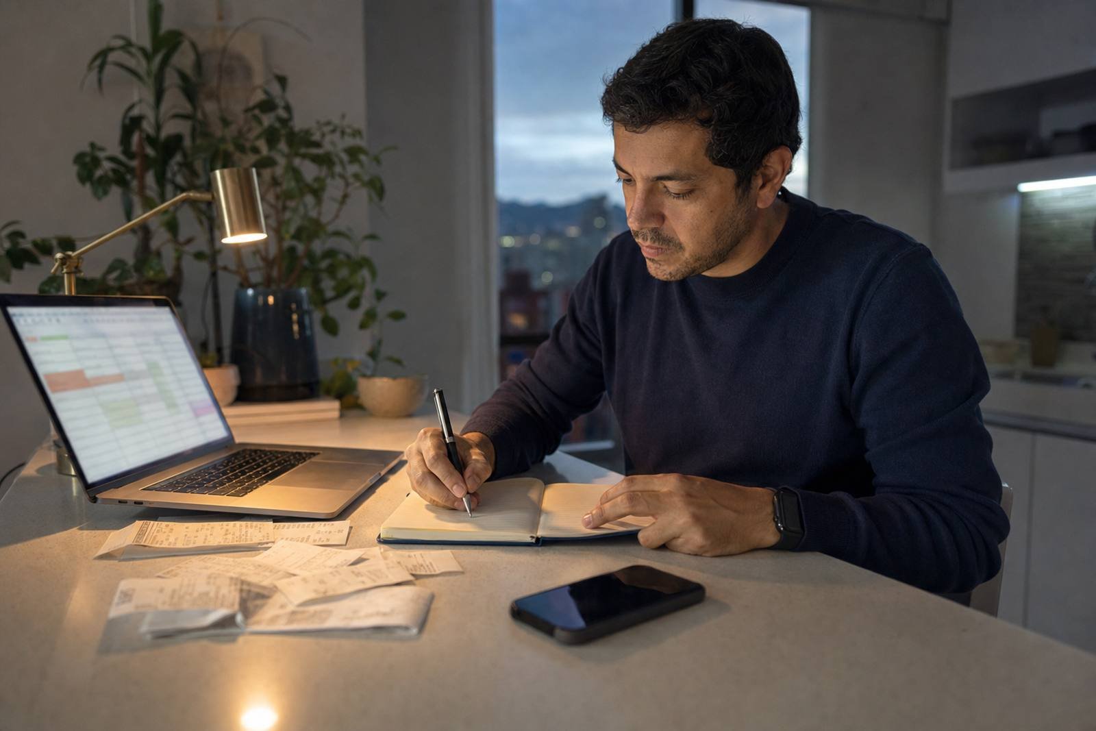 Hombre organizando sus gastos con una hoja de cálculo, recibos y su cuaderno