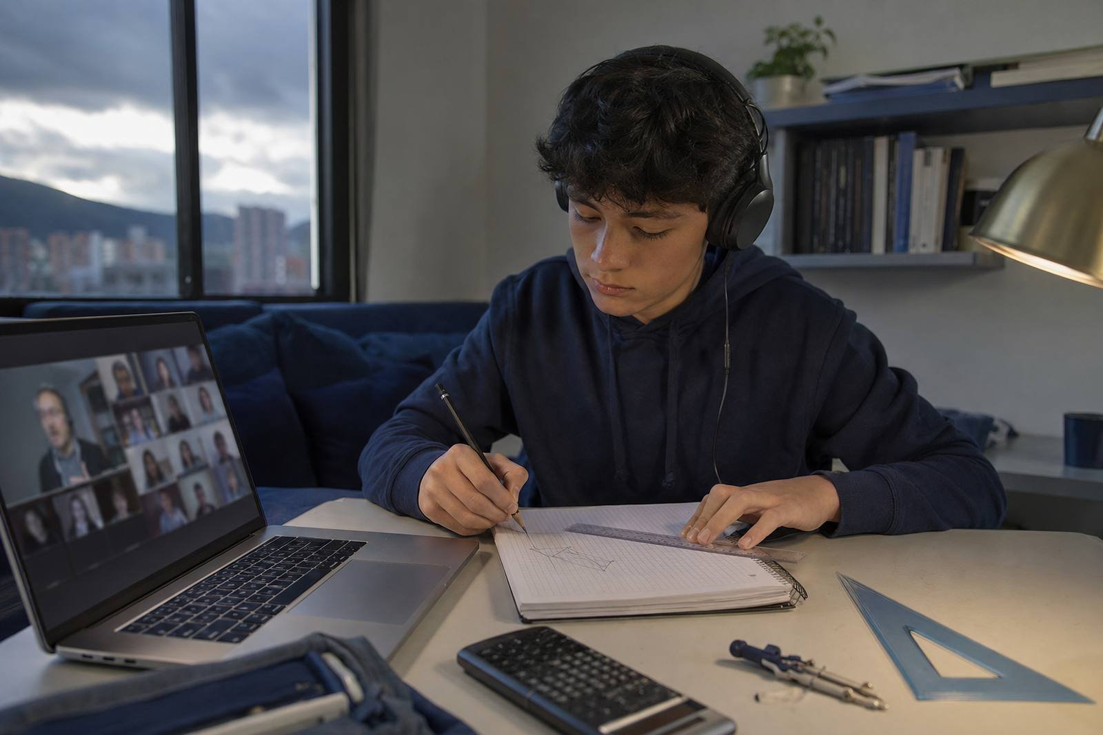 Estudiante de colegio resolviendo ejercicios de geometría en papel cuadriculado durante su clase en vivo