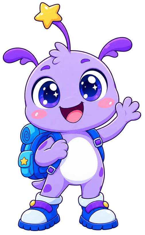 Personaje de ejemplo a color: una criatura lavanda con mochila azul que saluda